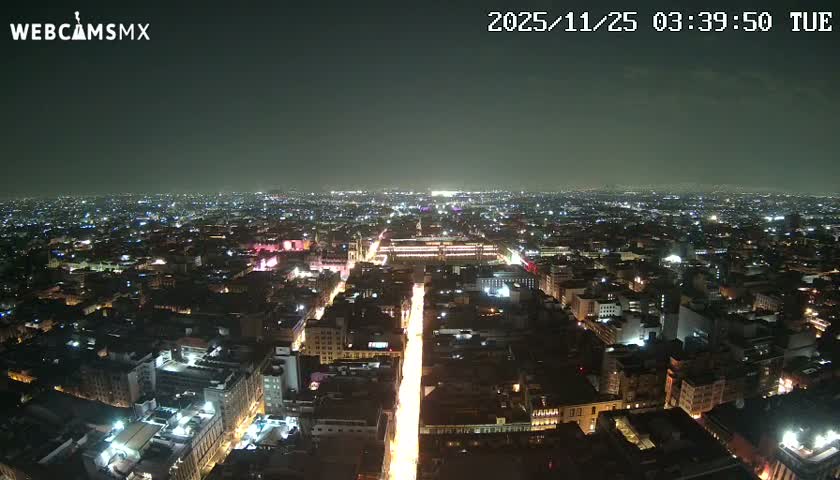An expansive nighttime panoramic view reveals a sprawling city illuminated by countless lights under a clear, dark sky, with a brightly lit central avenue leading toward a prominent building.