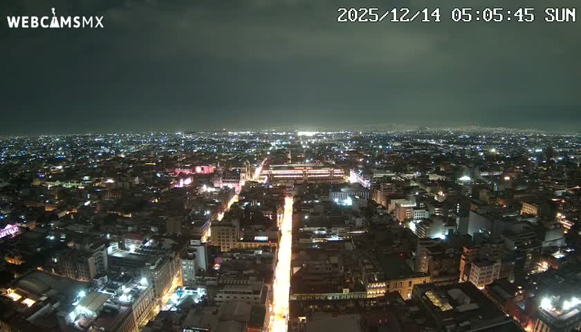 An expansive nighttime panoramic view reveals a sprawling city illuminated by countless lights under a clear, dark sky, with a brightly lit central avenue leading toward a prominent building.