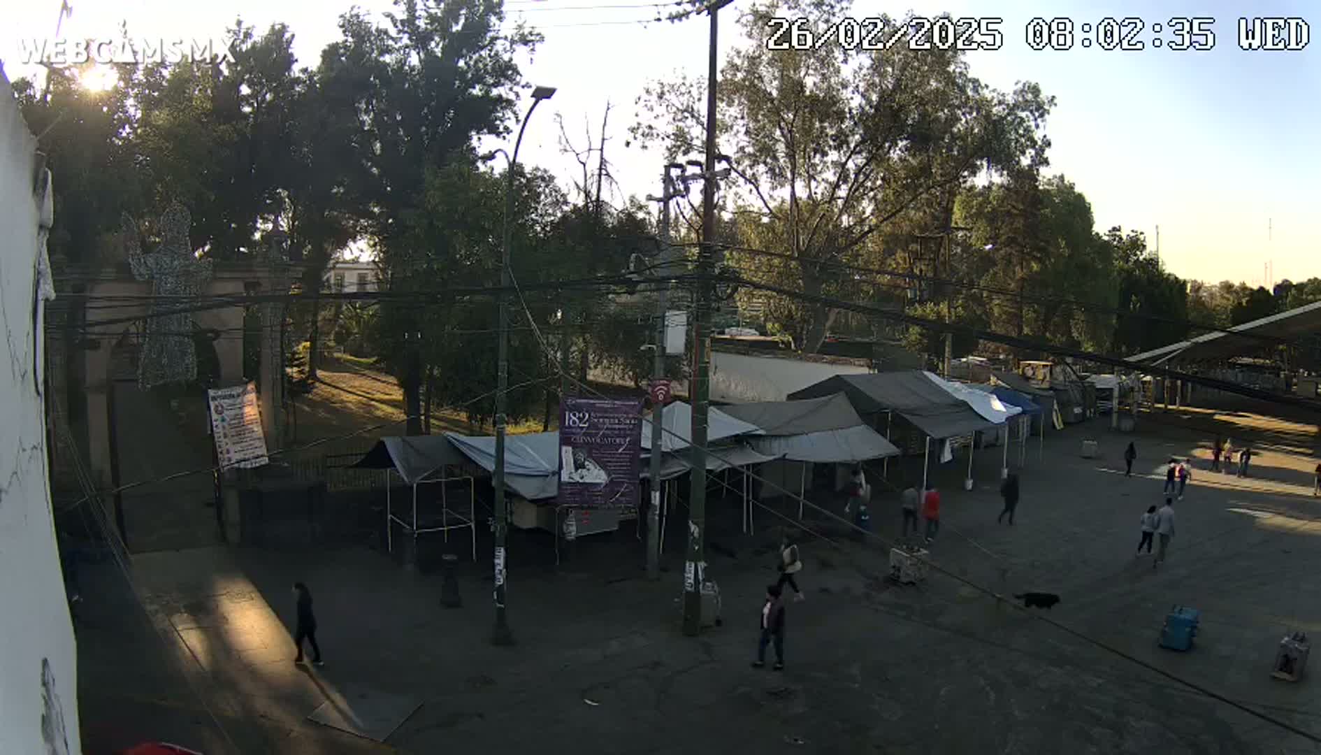 An outdoor market with numerous tents is situated in a park-like setting under a mostly sunny sky.