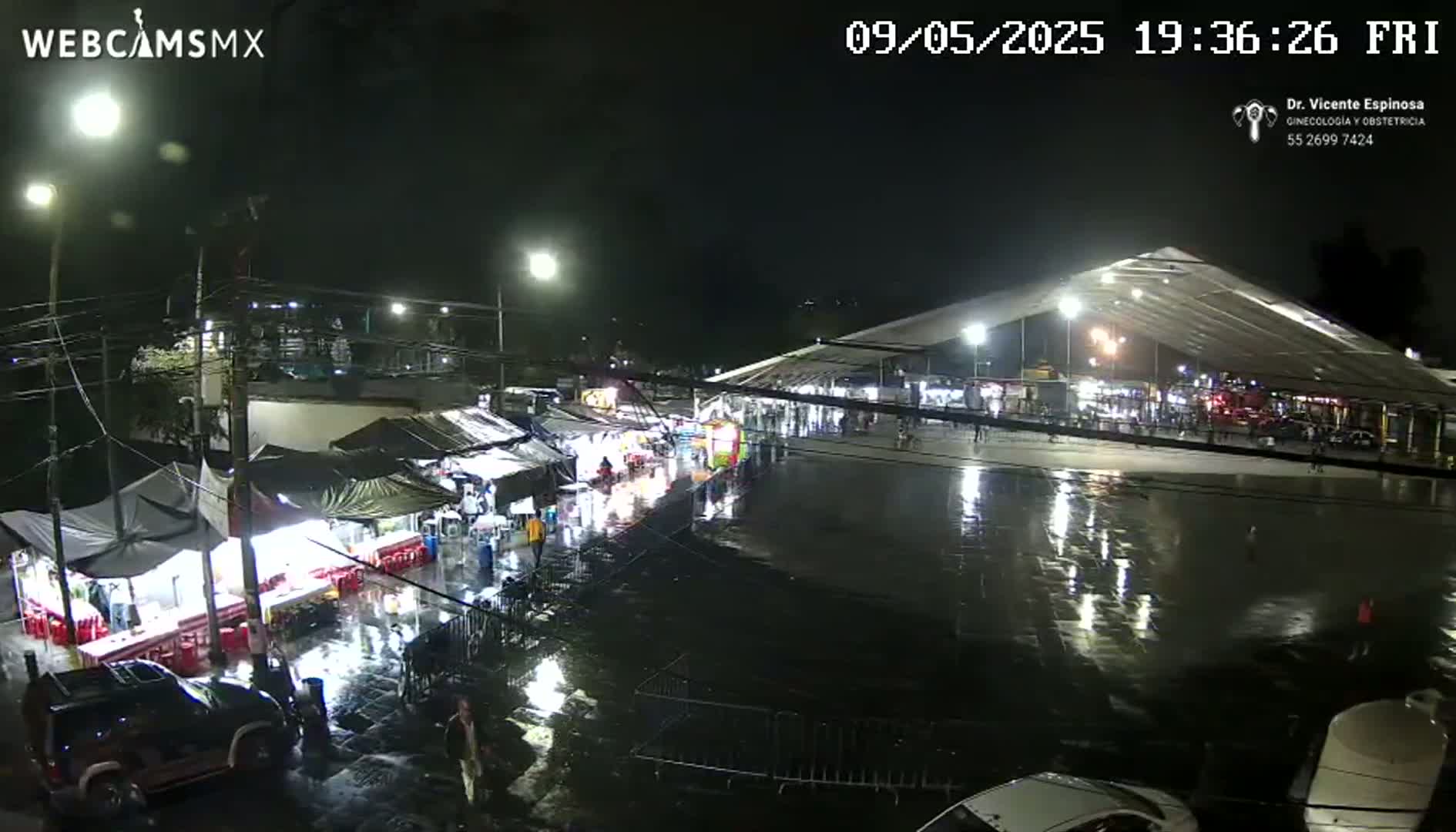 A nighttime outdoor market scene shows numerous food stalls and people under temporary canopies, all wet from rain reflecting streetlights on a wet pavement.