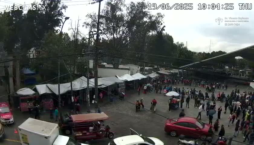 An overcast day shows a large crowd of people gathered around numerous market stalls set up under white canopies in a paved area, with cars and other vehicles parked nearby.