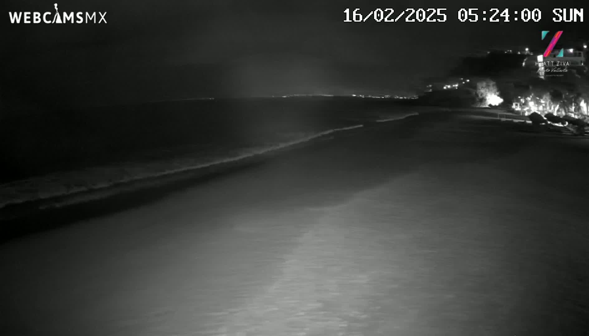 A dark, nighttime beach scene shows gentle waves lapping at the shore under a clear sky.