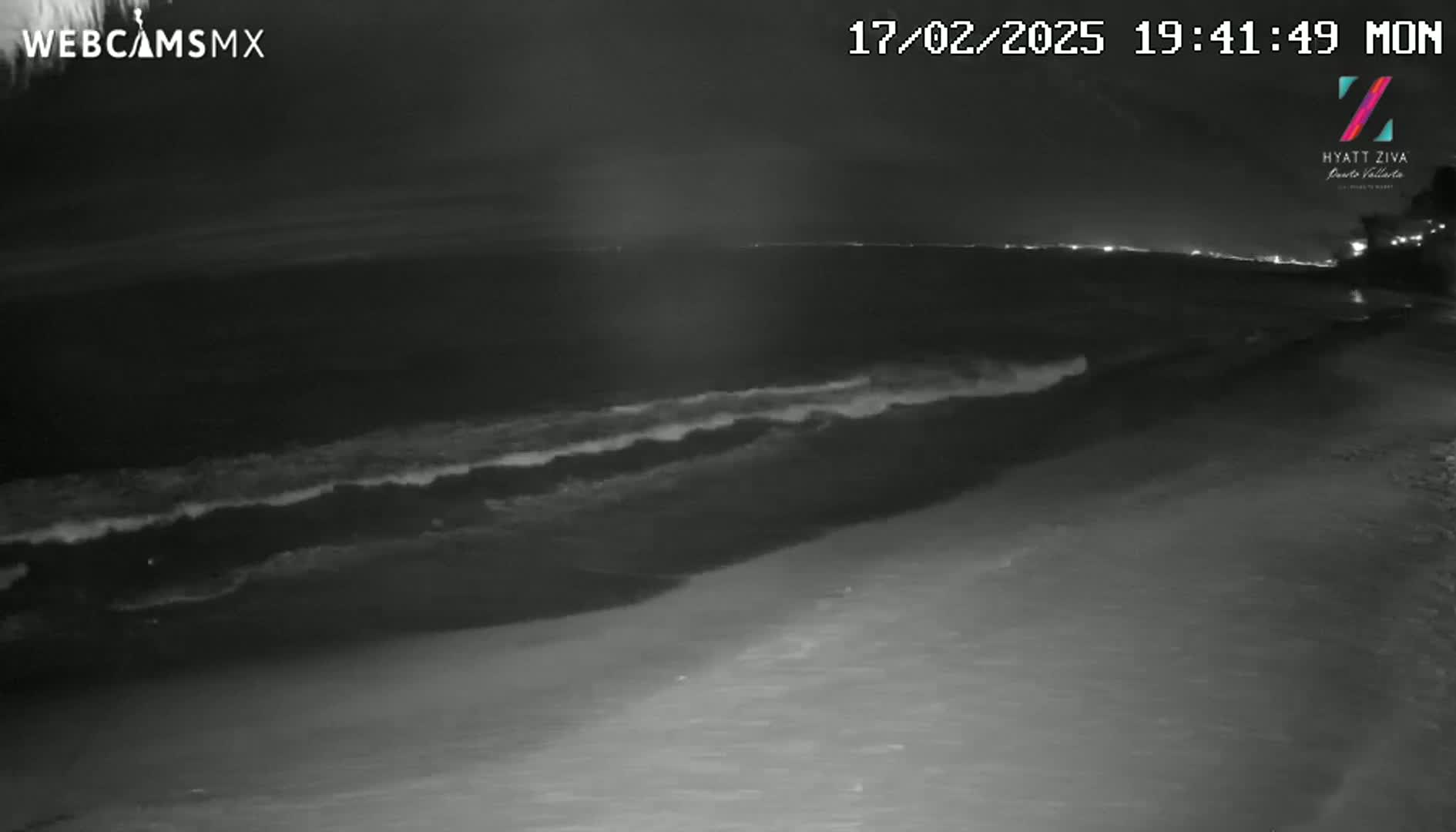 A nighttime beach scene shows dark ocean waves lapping onto a shoreline under a clear, dark sky.