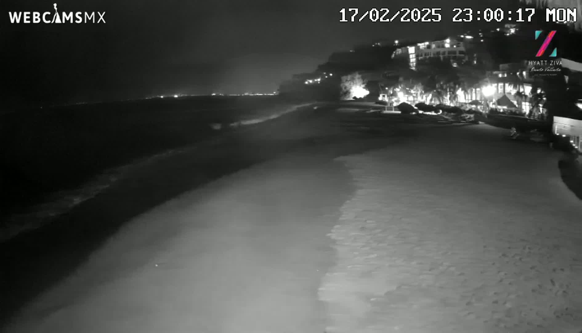 A nighttime beach scene shows gently lapping waves on the shore, with dimly lit buildings visible in the background.