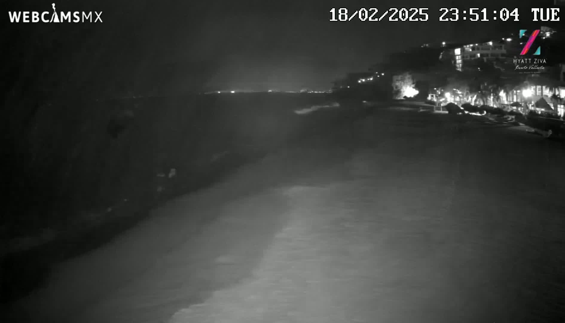 A nighttime, low-light view of a dark beach with gently lapping waves and lights visible from buildings in the distance.