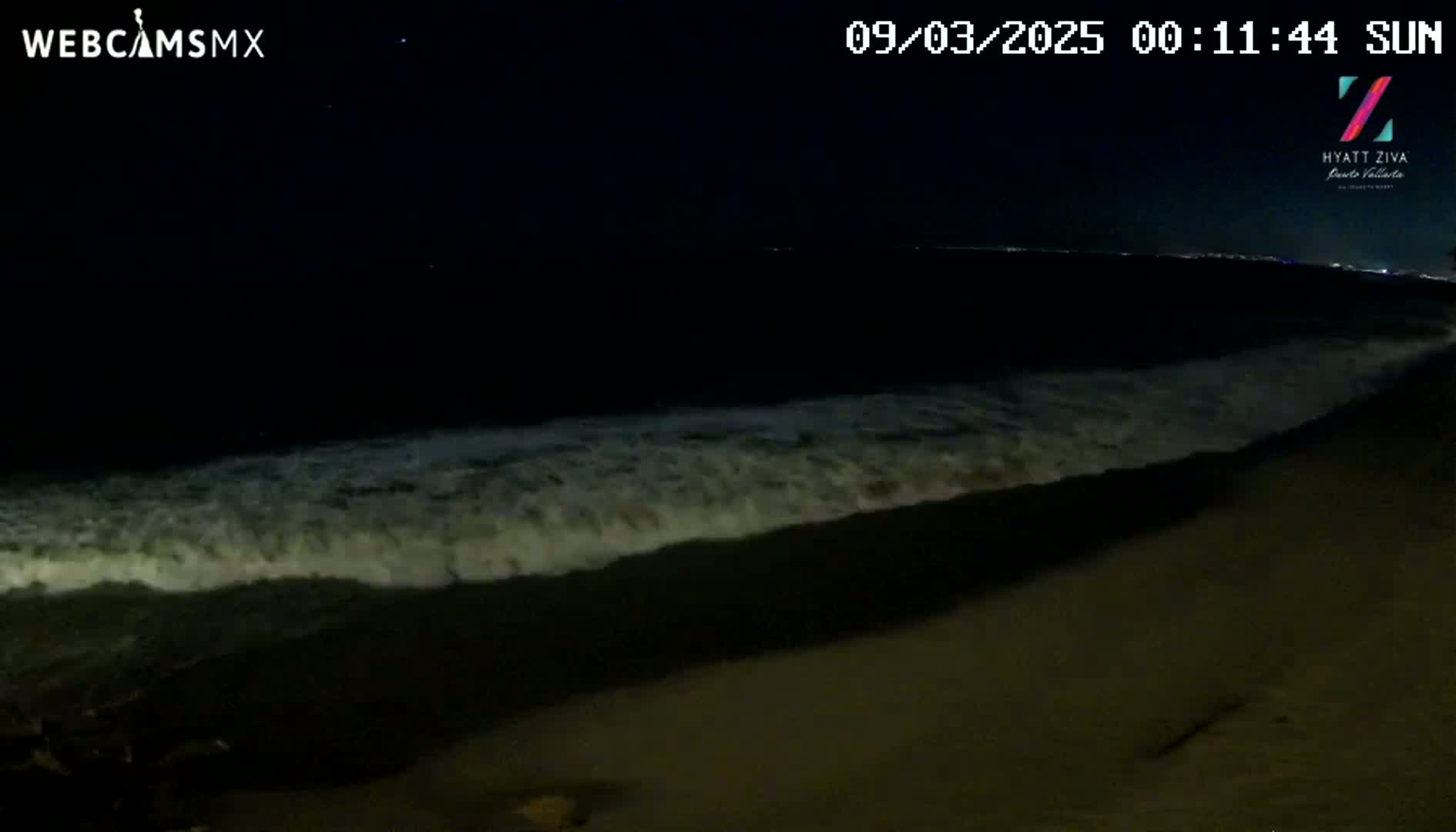 Dark ocean waves crash onto a sandy shore at night under a clear, starlit sky.