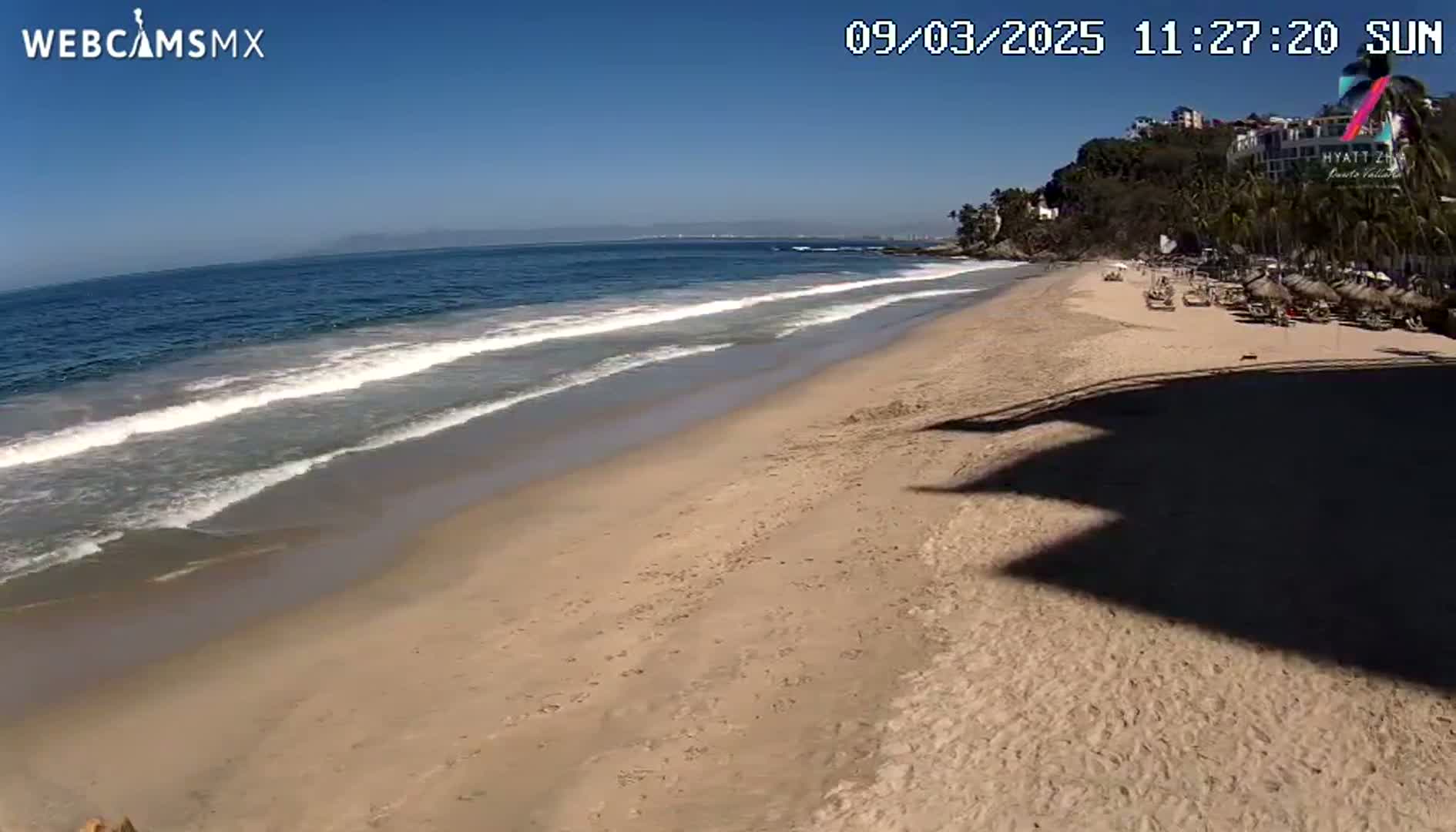 A sandy beach with gentle waves under a clear blue sky stretches to a distant coastline.