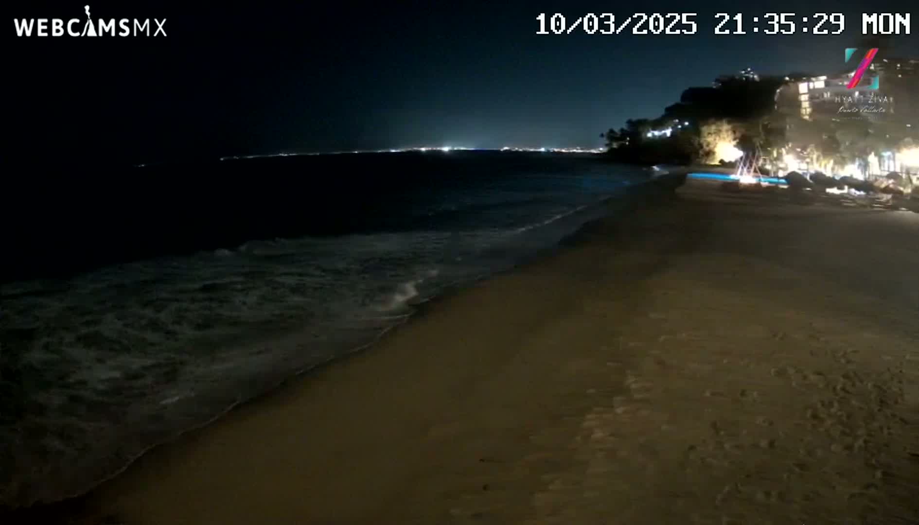 A sandy beach at night is gently lapped by waves under a dark sky, with lights visible in the distance across the water.