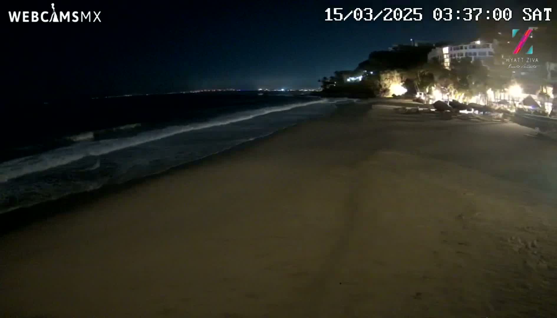 A dark, sandy beach at night is gently lapped by small waves under a clear, dark sky; lights are visible from buildings on a cliff in the distance.