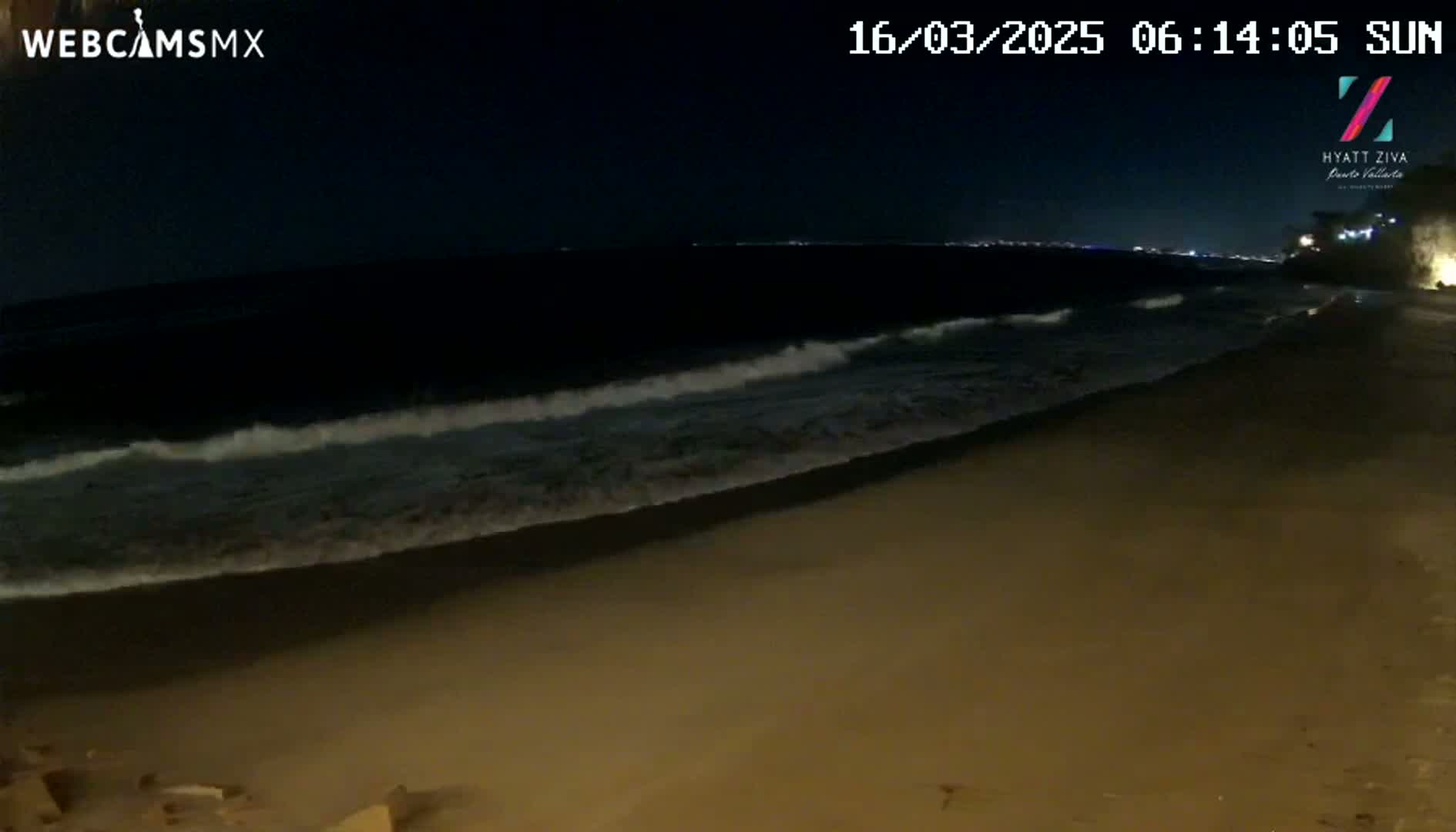 A dark sandy beach at night with gentle waves lapping the shore under a clear sky.