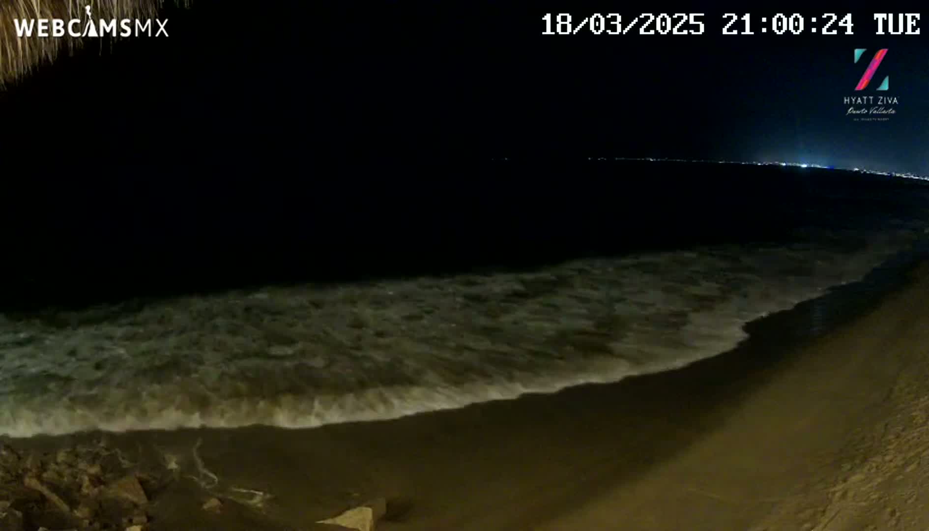Dark ocean waves roll onto a sandy beach at night.