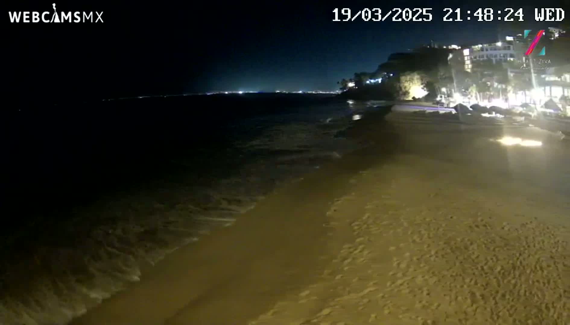 Gentle waves lap at a sandy beach at night, under a dark sky, with lights visible in the distance along a coastline.