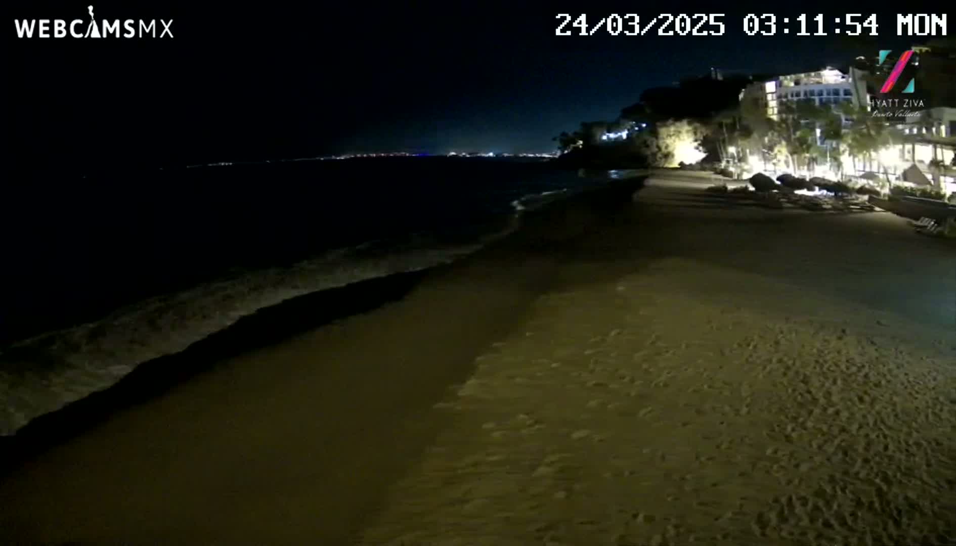 A sandy beach at night with gently lapping waves and a dimly lit resort in the background.