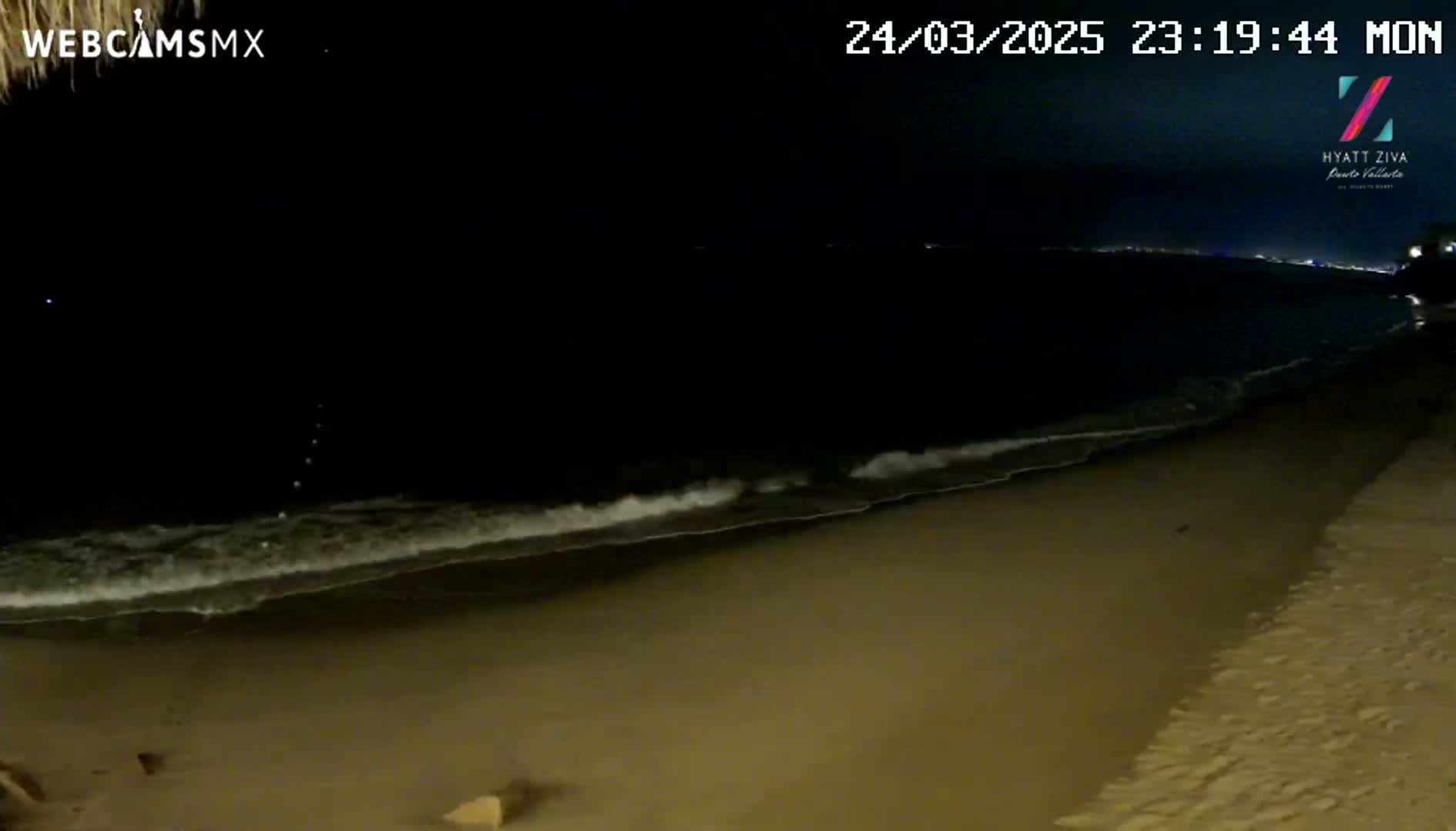 A dark sandy beach at night with gentle waves lapping the shore under a mostly clear sky.