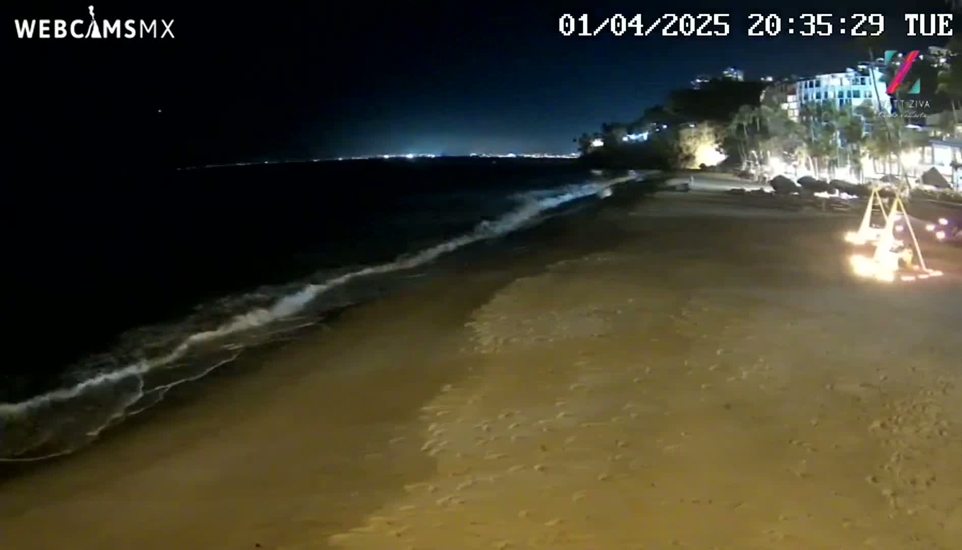 A sandy beach at night is gently lapped by waves under a dark sky, with lights visible from buildings and structures along the shore.
