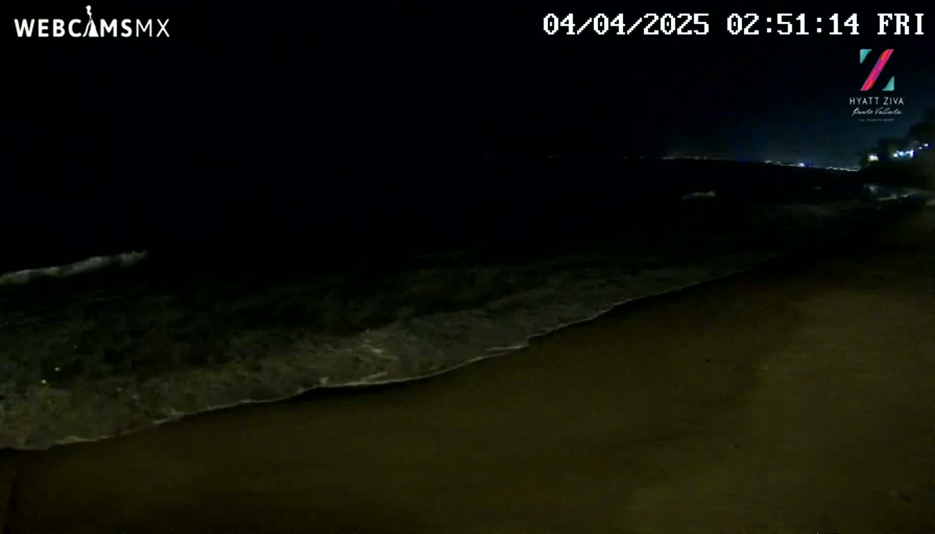 Dark nighttime beach scene showing gentle waves lapping onto the shore.