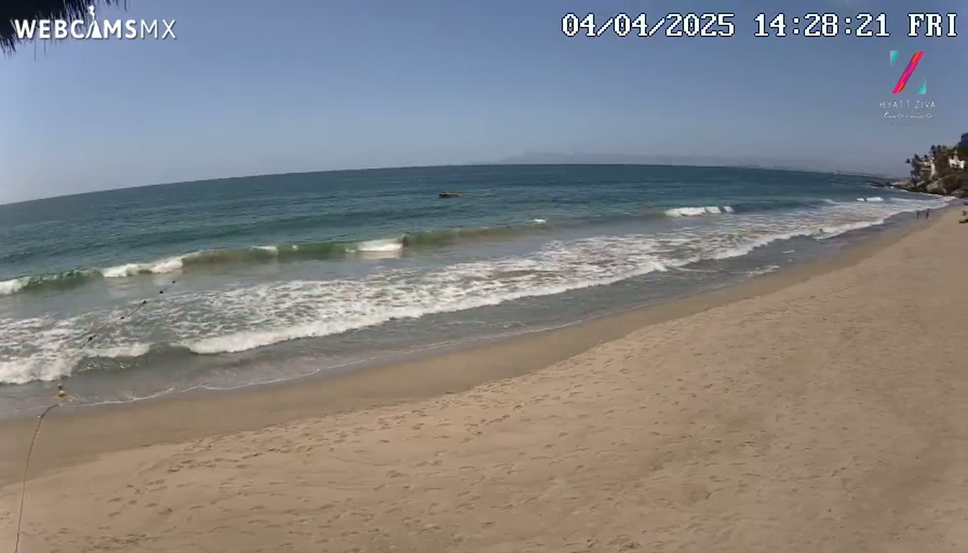 A sandy beach slopes down to a calm ocean with small waves under a clear blue sky.