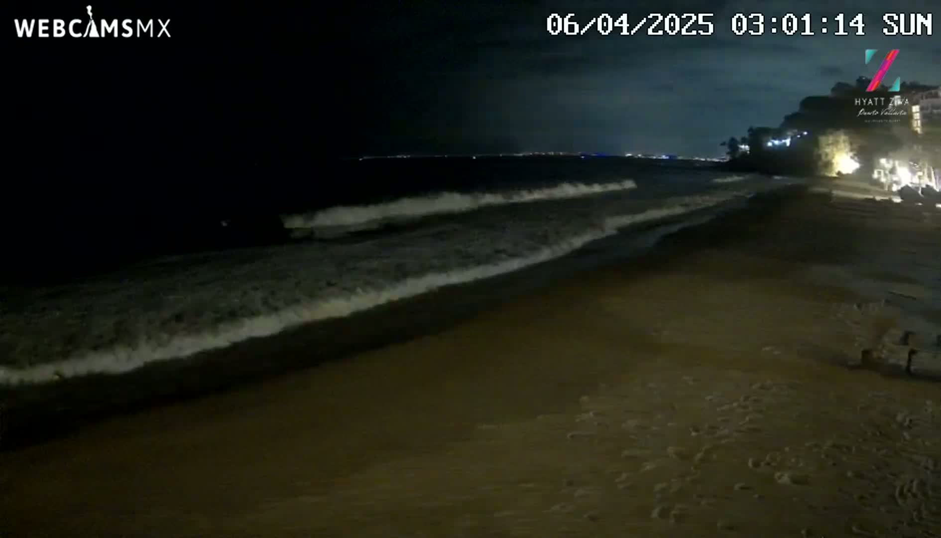 A dark sandy beach at night is gently lapped by waves under a mostly clear sky, with a dimly lit city visible in the distance.
