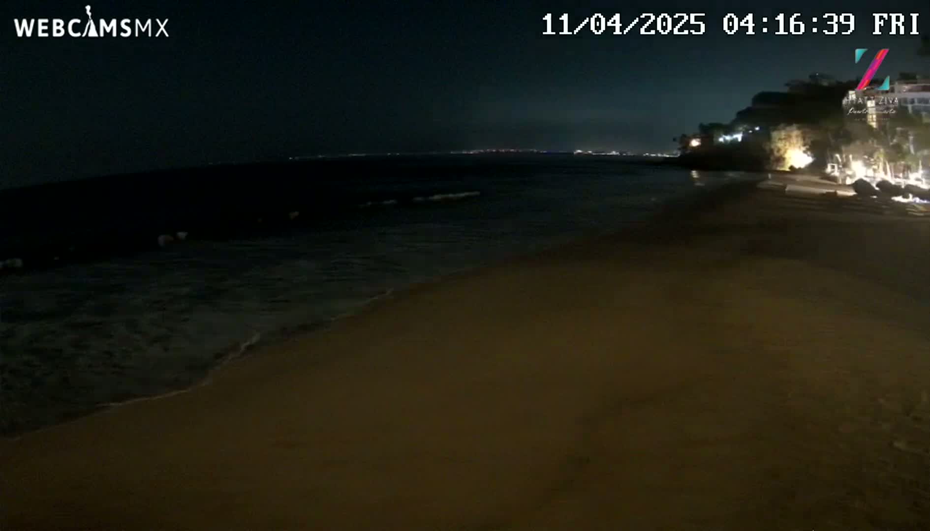 A dark, sandy beach at night with gently lapping waves and distant lights across the water.