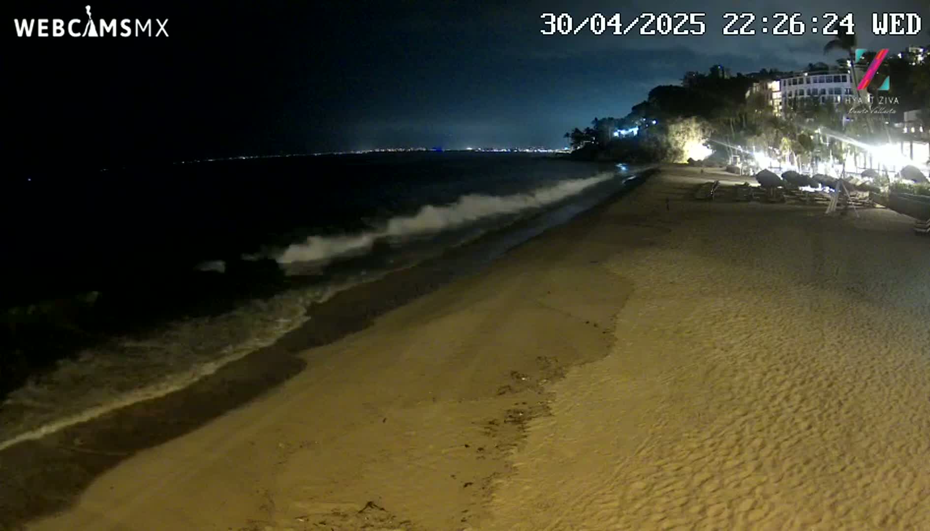 A sandy beach at night is gently lapped by waves under a dark sky, with lights visible in the distance along a coastline.