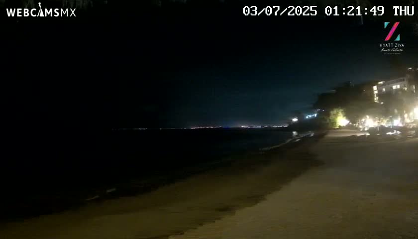 A dark sandy beach at night, with a calm ocean and illuminated buildings visible in the distance.