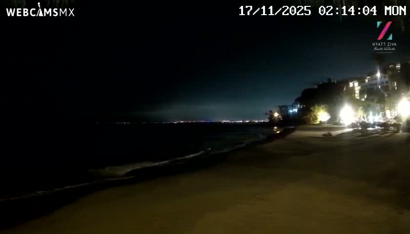 A clear night reveals a dark beach with gentle waves lapping the shore, illuminated resort buildings on the right, and distant city lights twinkling across the water.