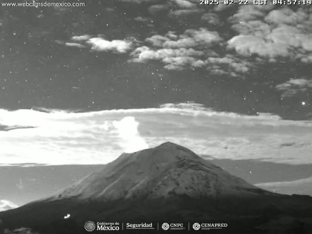 A snow-capped volcano erupts under a partly cloudy night sky.