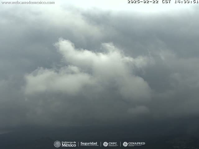 A mostly cloudy, overcast sky with some brighter, puffy clouds visible.