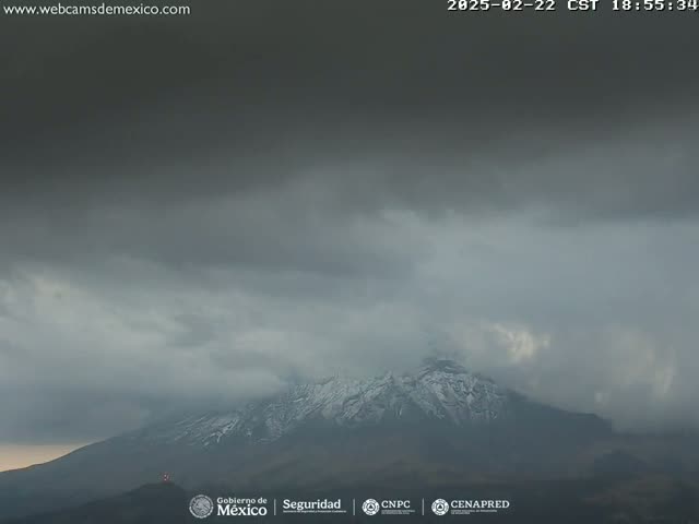 A snow-capped mountain is visible under a heavily overcast sky.