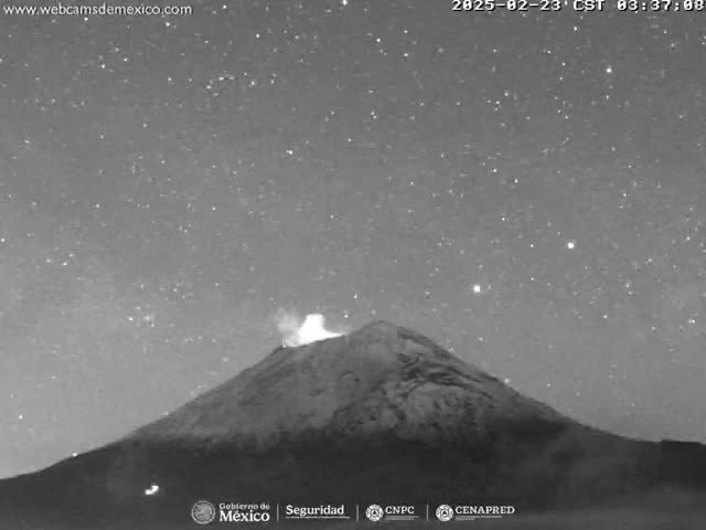A volcano erupts under a clear, starry night sky.