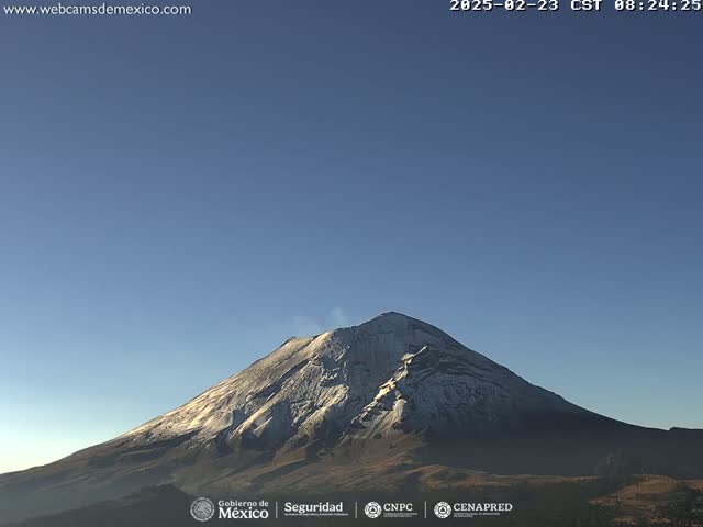 A snow-capped volcano is seen under a clear blue sky.
