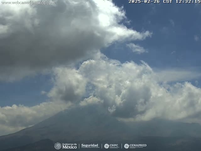 A partly cloudy sky with fluffy white and gray clouds obscures a view of a large mountain.