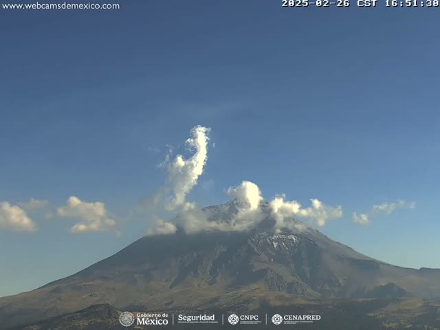 A partly cloudy sky overlooks a snow-capped volcano emitting a plume of smoke.