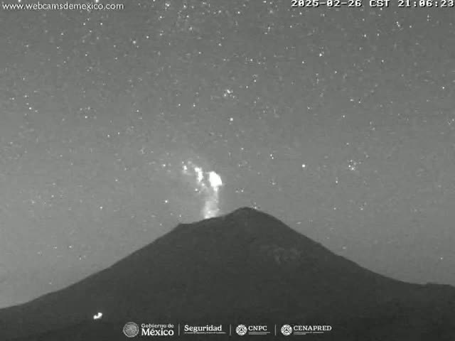 A volcano erupts under a clear, starry night sky.