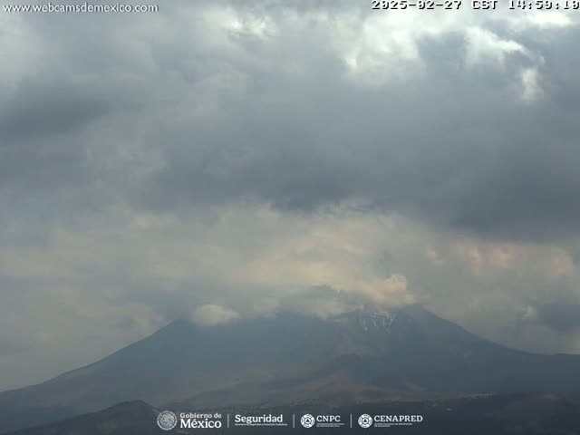A snow-capped mountain is visible beneath an overcast sky.