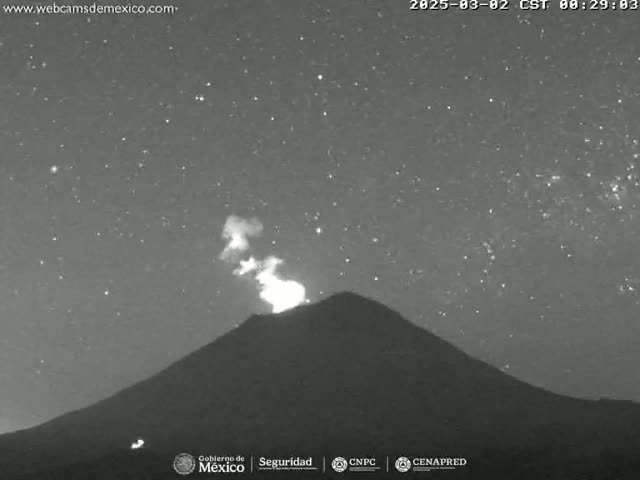 A nighttime, starlit view of a volcano emitting a plume of smoke or ash.