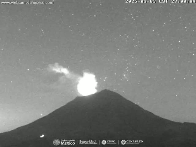 A nighttime, grayscale image shows a volcano erupting under a clear, starry sky.