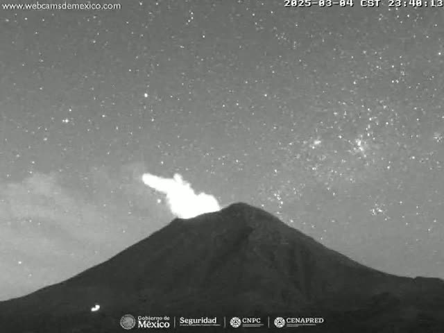Under a clear, starry night sky, a volcano erupts, emitting a bright plume of ash and lava.