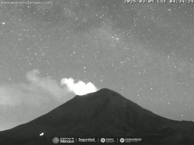 A volcano erupts under a clear, starry night sky.