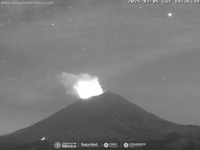 A volcano erupts under a night sky dotted with stars.