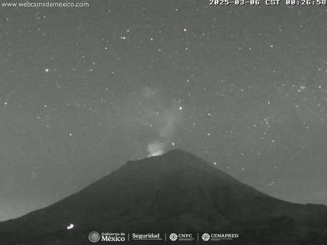A nighttime, starlit view of a volcano emitting a plume of smoke or ash under a clear sky.