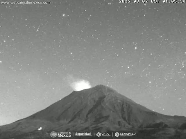 A grayscale image shows a volcano erupting under a clear, starry night sky.