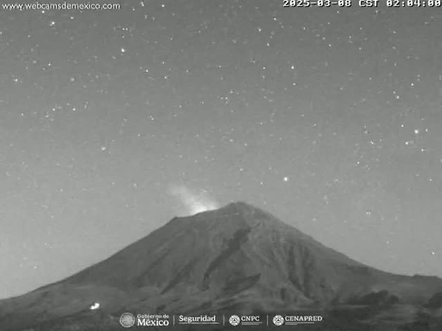 A nighttime, starlit view of a volcano with a faint plume of smoke or ash emanating from its peak.