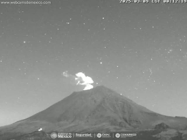 A nighttime, grayscale image shows a volcano erupting under a clear, starry sky.