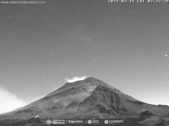 A grayscale image shows a volcano emitting smoke under a clear, starry night sky.
