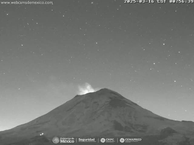 A volcano under a clear, starry night sky emits a small plume of smoke.