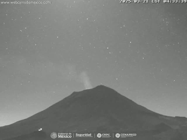 A dark, mountainous landscape is visible under a night sky filled with stars, with a faint plume of smoke or ash emanating from the mountain's peak.