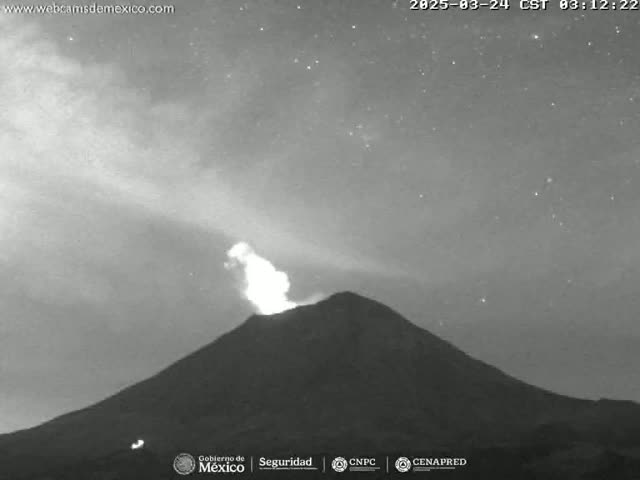 A volcano erupts under a night sky with a few stars visible.