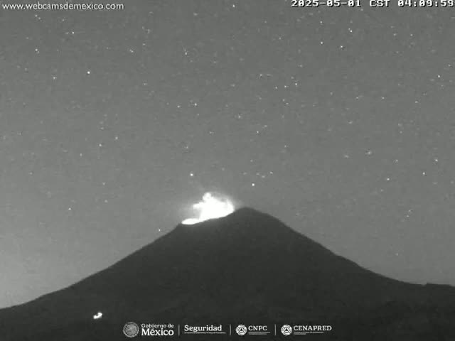 A nighttime, starlit view shows a volcano erupting with a bright plume rising from its peak.