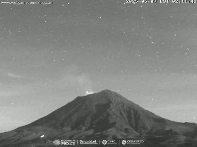 A large, dark mountain is shown under a night sky filled with stars, with a small eruption of smoke or ash visible from its peak.